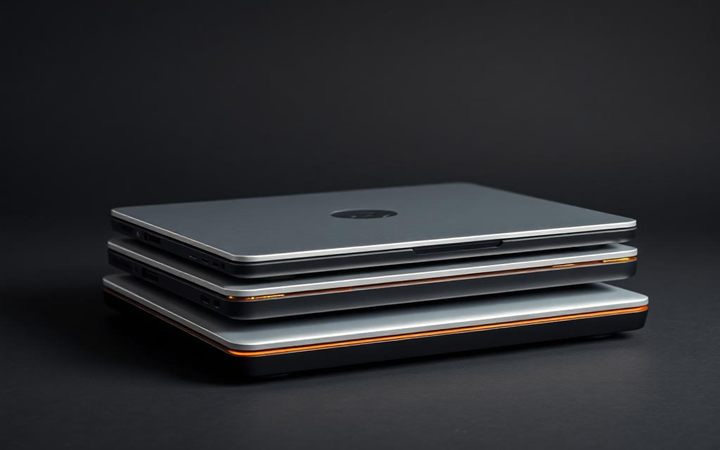 Refurbished laptops stacked and ready to go back into service