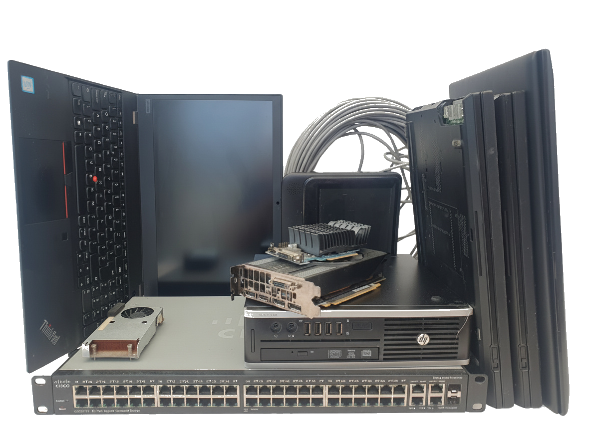 A typical mixed-consignment of decommissioned equipment: ThinkPad and other laptops, slim desktop, Cisco network switch, GPU, RAM, heatsink, cabling — the kind of refresh a small business or school produces