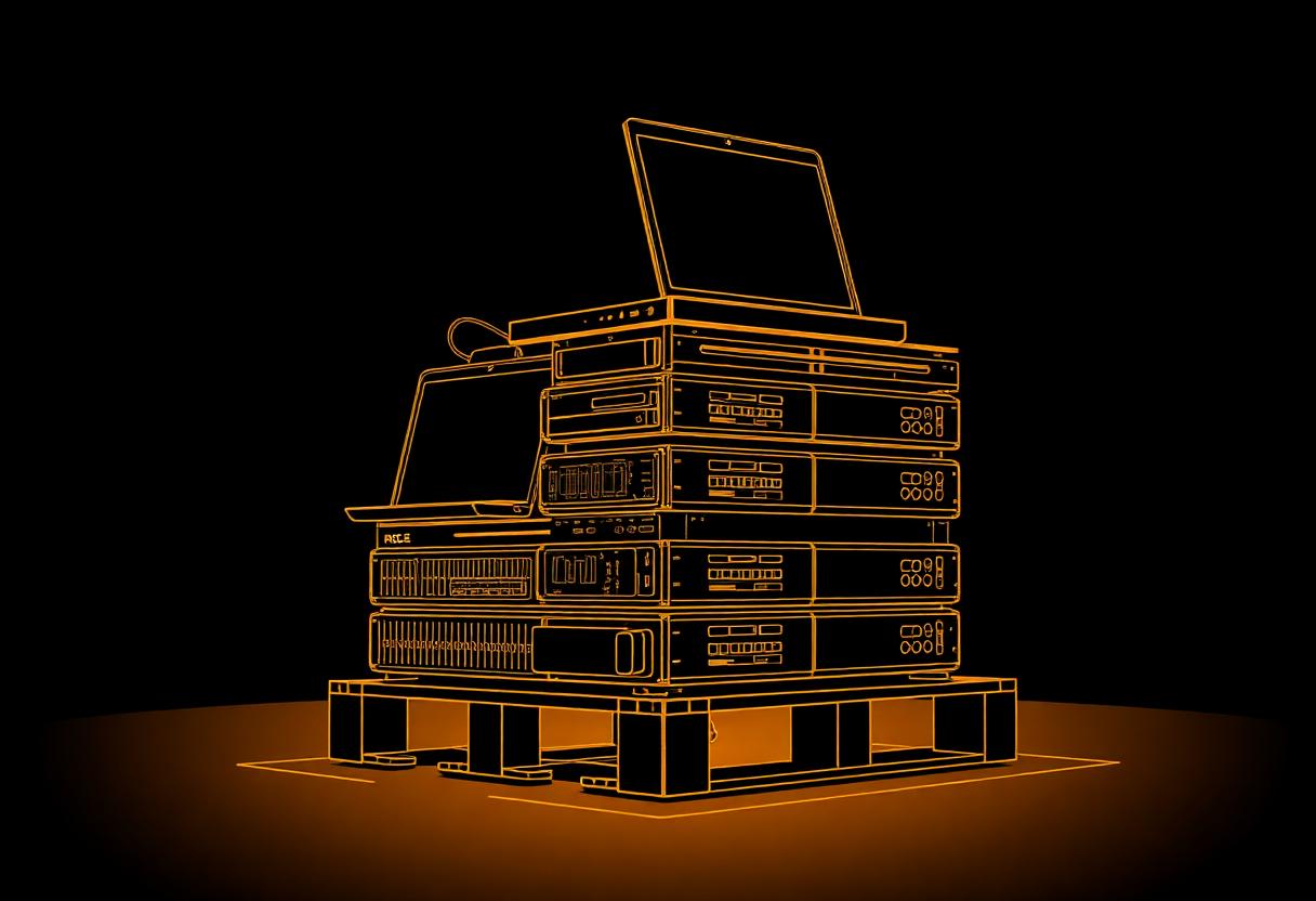 Illustration of a pallet stacked with retired laptops and server equipment, ready for collection